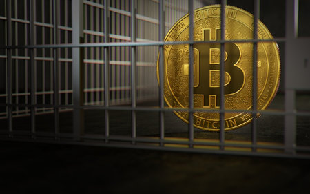 Bitcoin ban, imprison or illegal. Big troubles of Bitcoin or other cryptocurrencies. 3D renderingの写真素材