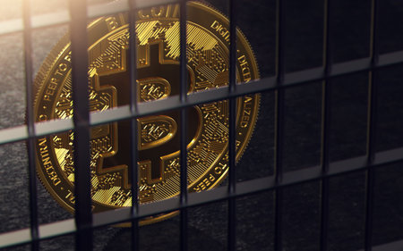 Bitcoin ban, imprison or illegal. Big troubles of Bitcoin or other cryptocurrencies. 3D renderingの写真素材