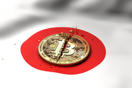 Cracked Bitcoin coin on Japanese flag. Bad Bitcoin condition in Japan concept. 3D Renderingの写真素材
