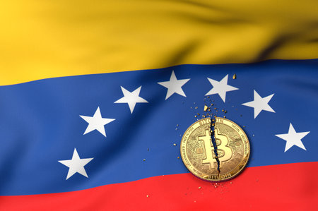 Cracked Bitcoin coin on Venezuelan flag. Bad Bitcoin condition in Venezuela concept. 3D Renderingの写真素材