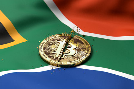Cracked Bitcoin coin on South African flag. Bad Bitcoin condition in South Africa concept. 3D Renderingの写真素材