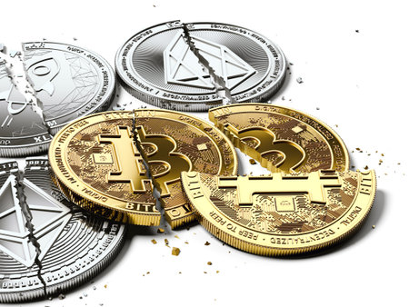 Stack of broken or cracked Bitcoin and altcoins coins laying on white background. Bitcoin crash concept. 3D renderingの写真素材