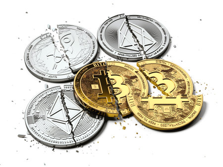 Stack of broken or cracked Bitcoin and altcoins coins laying on white background. Bitcoin crash concept. 3D renderingの写真素材