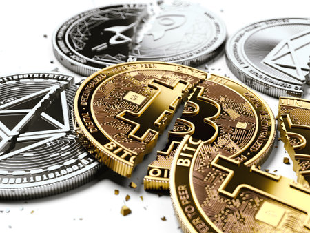 Stack of broken or cracked Bitcoin and altcoins coins laying on white background. Bitcoin crash concept. 3D renderingの写真素材