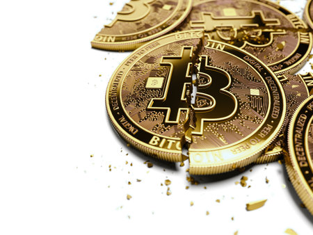 Close-up shot on broken or cracked Bitcoin coins laying on white background. Bitcoin crash concept. 3D renderingの写真素材