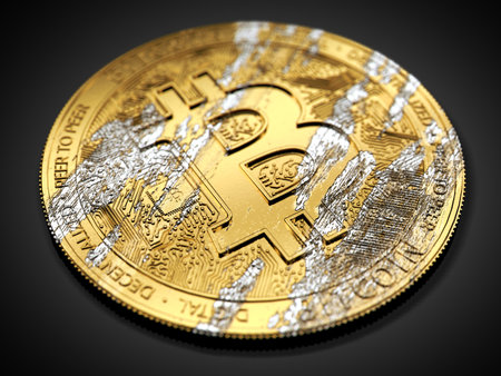 Damaged Bitcoin laying on dark background. Bitcoin crash concept. 3D renderingの写真素材