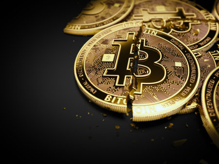 Close-up shot on broken or cracked Bitcoin coins laying on black background. Bitcoin crash concept. 3D renderingの写真素材