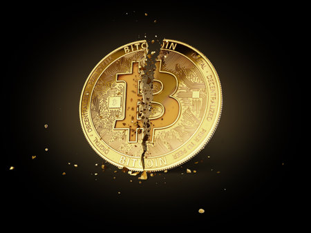 A broken or cracked Bitcoin on black background. Isolated on black. Bitcoin crash concept. 3D renderingの写真素材
