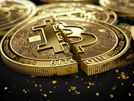 Close-up shot on broken or cracked Bitcoin coins laying on black background. Bitcoin crash concept. 3D renderingの写真素材