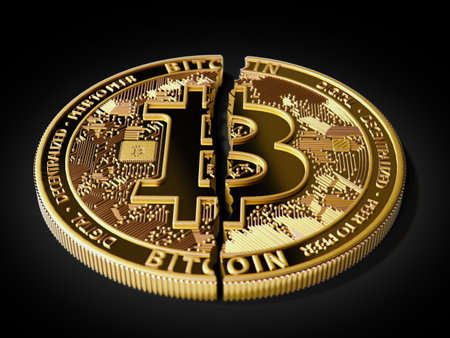 A broken or cracked Bitcoin is laying on white background. Isolated on black. Bitcoin crash concept. 3D renderingの写真素材