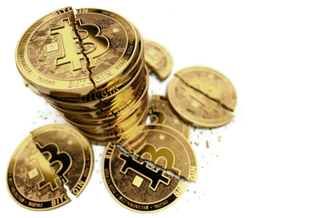 Pile of broken or cracked Bitcoin coins laying on white background. Bitcoin crash concept. 3D...