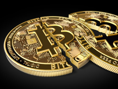 Stack of broken or cracked Bitcoin coins laying on black background. Bitcoin crash concept. 3D renderingの写真素材