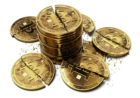 Pile of broken or cracked Bitcoin coins laying on white background. Bitcoin crash concept. 3D renderingの写真素材