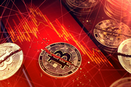 Broken bitcoin split in two pieces laying on a smartphone screen with stock-market diagram in red color. Bad news for bitcoin investors concept. 3D renderingの写真素材