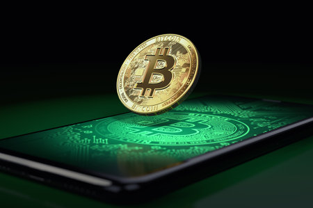 Levitating Bitcoin over a smartphone screen with blockchain and bitcoin images on display. 3D renderingの写真素材