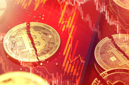 Close-up shot of Broken bitcoin split in two pieces laying on a smartphone screen with stock-market diagram in red color. 3D renderingの写真素材
