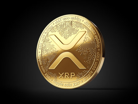 Golden Ripple XRP cryptocurrency coin isolated on black background. 3D renderingの写真素材