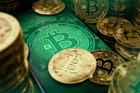 stack of bitcoin coins on smartphone screen. Great investment opportunities concept. 3D renderingの写真素材