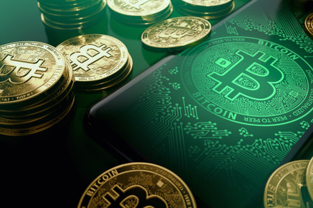 Smartphone with Bitcoin symbol on-screen among piles of golden Bitcoins. Bitcoin concept. 3D renderingの写真素材