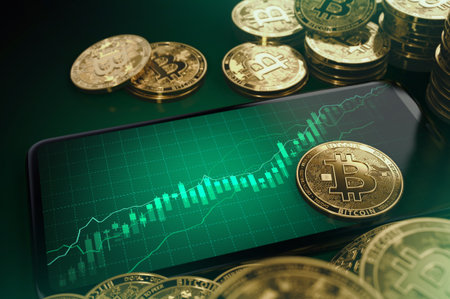Green diagrams indicating Bitcoin growth. Good Bitcoin stock-market condition concept. 3D renderingの写真素材