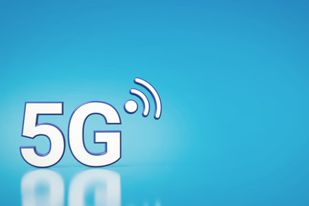 5G white letters in lower left corner on cyan background with copyspace available. 3D rendering