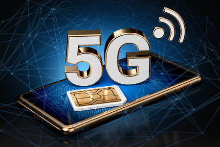 5G sign on smart phone screen with sim card next to it with high speed network nodes around. High...