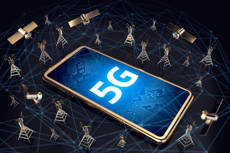 Smartphone with 5G letters on the screen laying down surrounded by network towers and satellites with high speed network nodes lines around concept. 3D renderingの写真素材