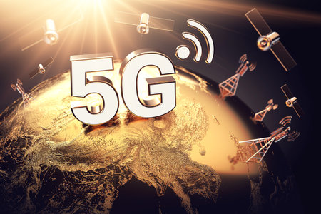 Global connectivity concept with worldwide communication network and 5G letters. Focused above territory of China. 3D renderingの写真素材