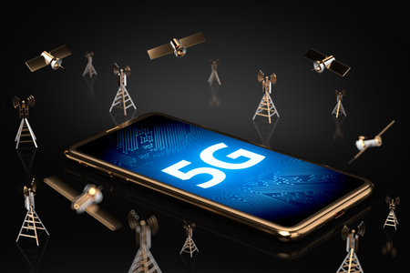 Smartphone with 5G letters on the screen laying down surrounded by network towers and satellites. 3D...