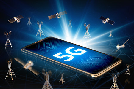 Smartphone with 5G sign on the screen laying down surrounded by network towers, satellites and high speed network nodes lines. Future of fast internet concept. 3D renderingの写真素材