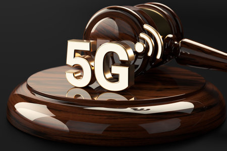 Judge gavel and 5G symbol. High speed network and legal issues concept. 3D renderingの写真素材