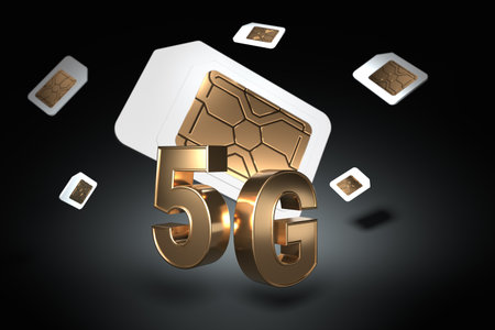 Golden 5G sign with sim cards hovering behind it on black background. High speed mobile web technology. 3D renderingの写真素材