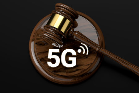 Judge gavel and 5G symbol. High speed network and legal issues concept. 3D renderingの写真素材