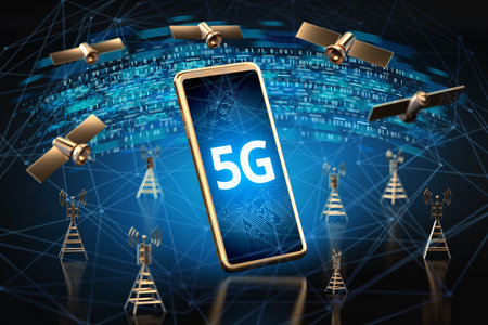 Smartphone with 5G sign on the screen surrounded by high speed network data transfer nodes. Blurry...