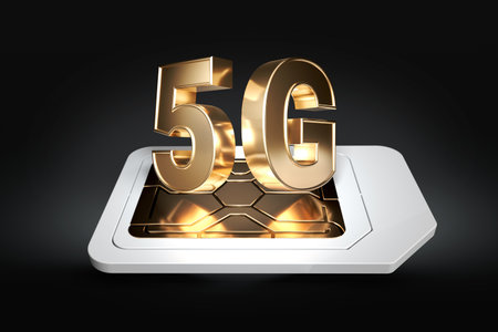 Golden 5G sign on sim card isolated on black background. High speed mobile web technology. 3D renderingの写真素材