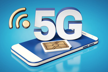 5G white letters standing on a simplified smartphone with sim card next to it. Blue background with...