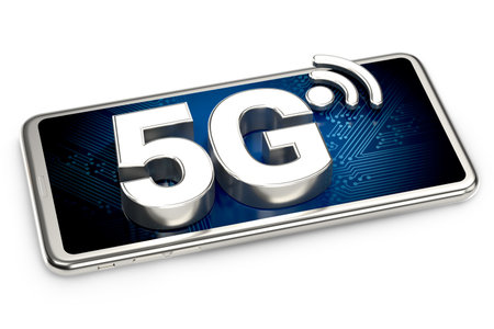 Smartphone with 5G sign on the screen isolated on white background. 3D renderingの写真素材