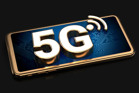 Smartphone with 5G sign on the screen isolated on black background. 3D renderingの写真素材