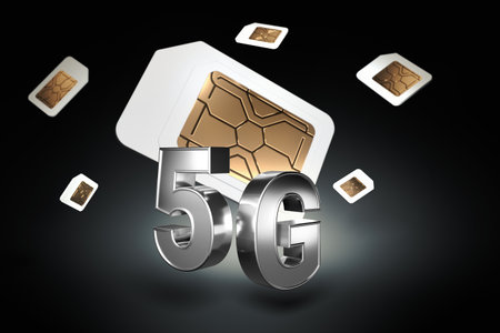 Silver 5G sign with sim cards hovering behind it on black background. High speed mobile web technology. 3D renderingの写真素材