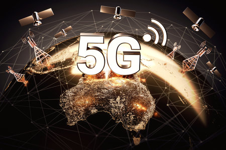 Global connectivity concept with worldwide communication network and 5G letters standing above territory of Australia. 3D renderingの写真素材
