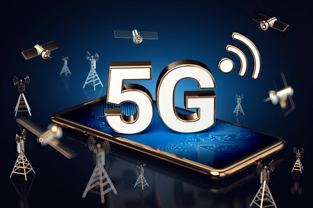 Smartphone with 5G sign on the screen laying down surrounded by network towers, satellites and high...