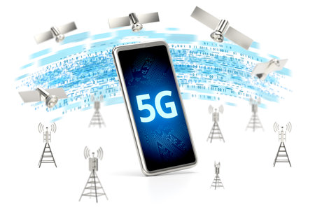 High speed data transfer concept. Smartphone surrounded with network towers and satellites. Isolated on white background. 3D renderingの写真素材