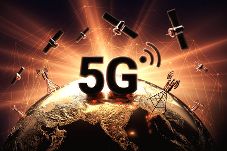 Conflict around 5G network illustrated with closeup on the globe and red and orange flare. War on 5G...