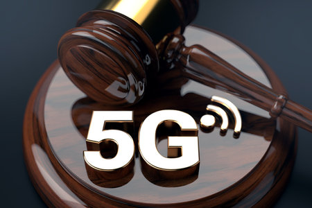 Judge gavel and 5G symbol. High speed network and legal issues concept. 3D renderingの写真素材