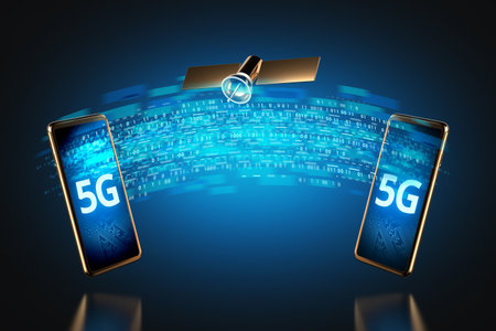 High speed data transfer between smartphones diagram over 5G network concept. 3D renderingの写真素材