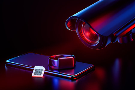 Big cctv focusing on a smartphone, sim card and smartwatch as a metaphor of a society under full...