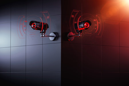 Two security CCTV cameras on the wall corner - the danger of consistent society surveillance concept. 3D renderingの写真素材