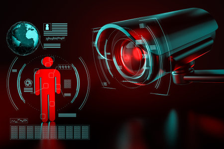 Big surveillance camera is focusing on a human icon as a metaphor of collecting data on society by...