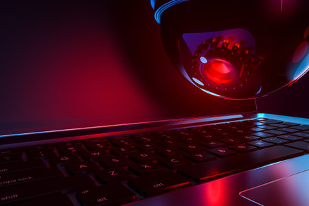 Big red eye of dome cctv watches keyboard and laptop screen. Supervision and Office crisis of...