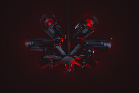Hub of hostile looking recording equipment. Society under control of AI (artificial intelligence)....